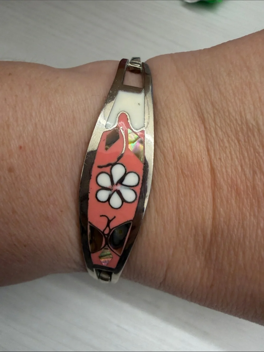 Silver-tone Floral Inlay Bracelet - Coral and White